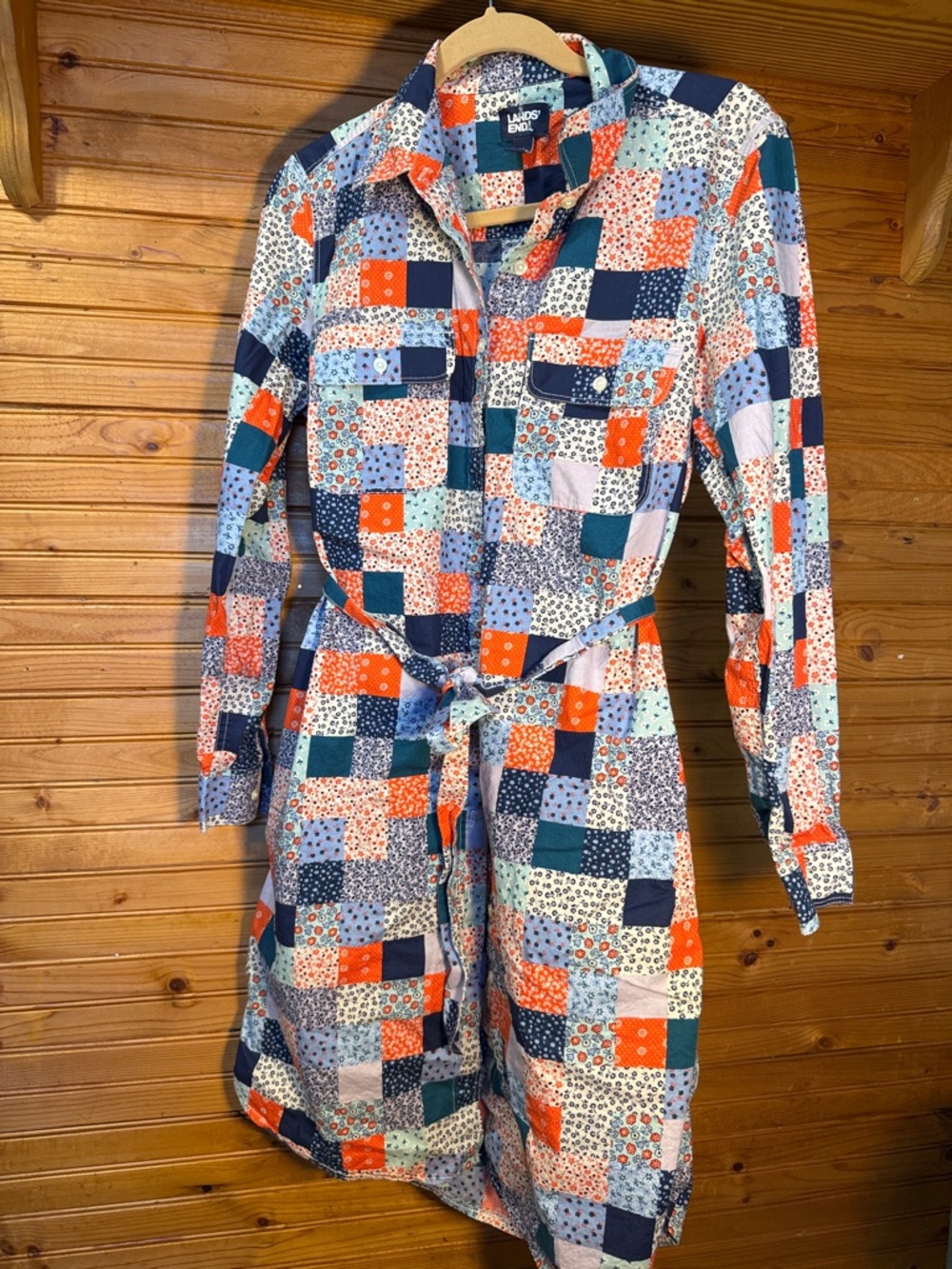 Lands' End Patchwork print Button-Front skirt Dress in Navy, Teal & Orange